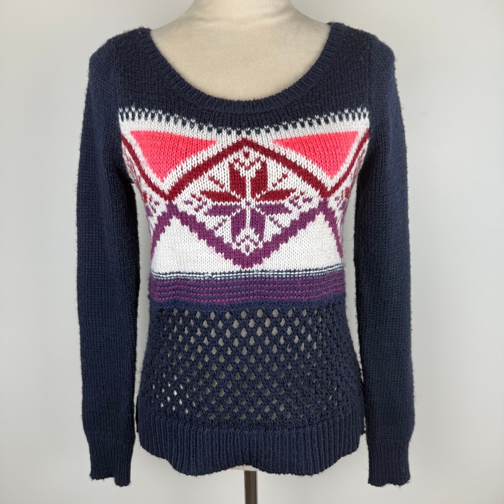 American Eagle Womens Navy Fair Isle Wool Blend Open Knit Crochet Sweater Sz Sm